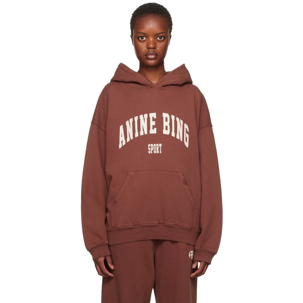 Nwot ANINE BING Hoodie Medium Burgundy Distressed Graphic-Logo Organic Cotton